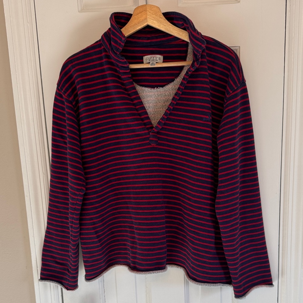 Cuffy’s of Cape Cod Ladies V-Neck Sweater - Navy and Red Stripes